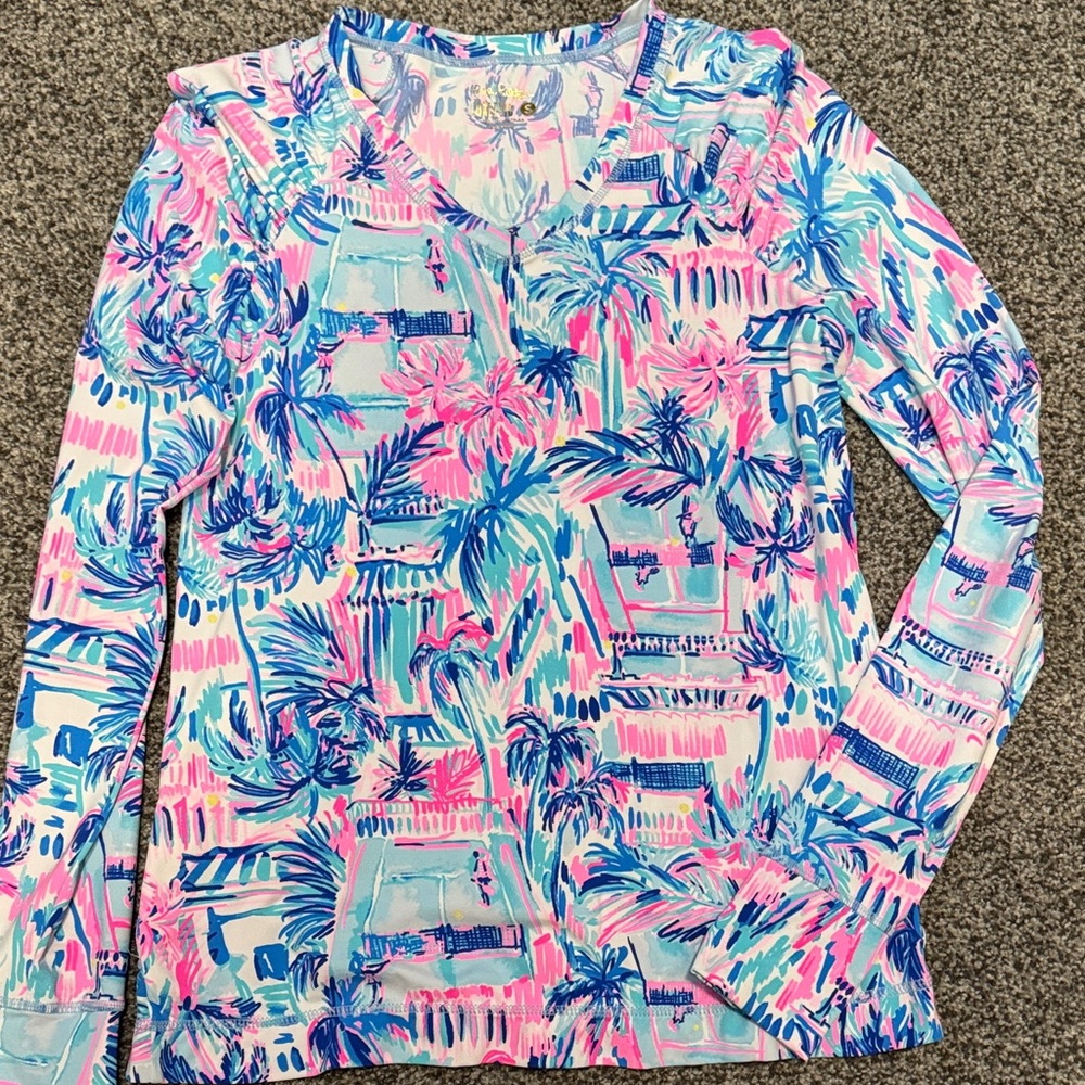 Lilly Pulitzer Pink & Blue Palm-Print Long Sleeve Top